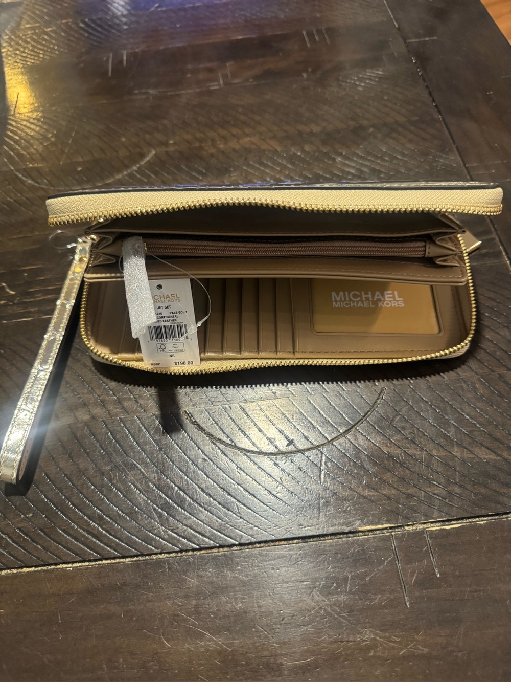 Michael Kors Gold Zip-Around Leather Wristlet Wallet with Detachable Strap